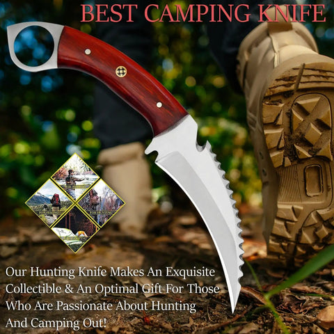 Handmade Fixed Blade Hunting Knife With Red Wood Handle For Outdoor Camping And Survival Stainless Steel Full Tang With Grippy Finger Ring