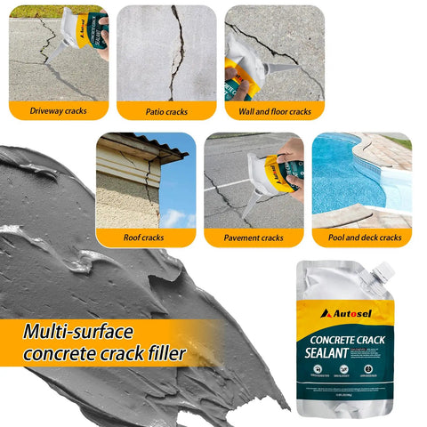 Self Leveling Concrete Crack Filler For Driveways And Roofs DIY Friendly Quick Drying Cement Crack Repair Sealant Asphalt Ready No Cracking Formula Durable Elastic Fill 6 Pack shown in use on various surfaces.