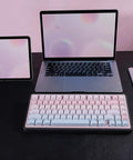 Cute Bubble Cat Wireless Mechanical Keyboard Hits Different With Creamy 75 Percent Layout Hot Swappable Switches Cat Ear Shine Through Keycaps on desk with laptop and tablet.