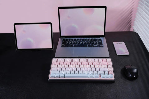 Cute Bubble Cat Wireless Mechanical Keyboard Hits Different With Creamy 75 Percent Layout Hot Swappable Switches Cat Ear Shine Through Keycaps on desk with laptop and tablet.