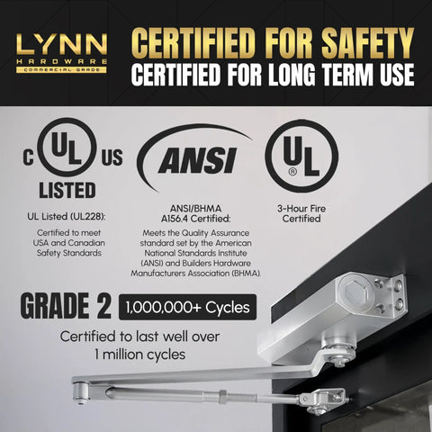 Light Duty Automatic Door Closer In Silver With Cast Aluminum Body Durable For Commercial Or Home Use Adjustable Speed Controls Three Mounting Options Fire Rated For Three Hours Wrought Steel Arm Model DC5003 displayed with safety certifications and cycle assurance.