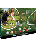 Kids Golf Set For Ages 3 To 8 Adjustable Indoor Outdoor Complete Kit With 3 Clubs 2 Holes And Flags 2 Tees 6 Balls Beginner Friendly Sports Toy Ideal For Boys And Girls Birthday Gift shown in packaging with images of clubs, balls, and playing setup.