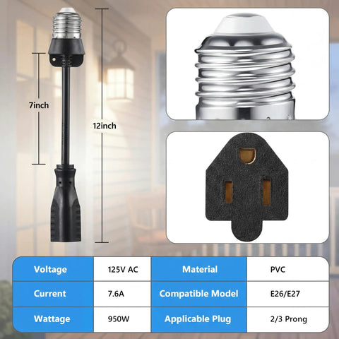 3 Outlet Light Socket Adapter For E26 E27 Bulbs To Extend Power Outdoors, Turns One Light Socket Into A 3 Prong Outlet