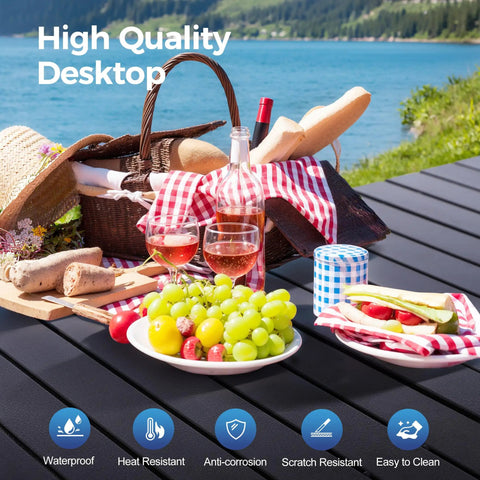 Picnic setup on Portable Adjustable Aluminum Camping Table With Built In Storage For Grill BBQ Travel Picnic Beach And Backyard Use.