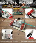 Third Hand Soldering Tool With Heavy Duty Double Jaw Welding Clamp And Aluminum Solder Clamp shown on a cluttered workbench
