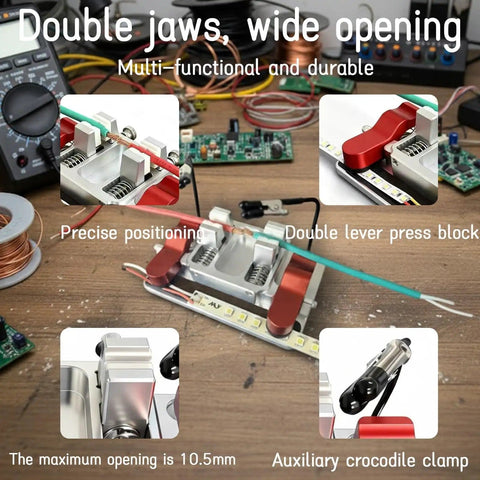 Third Hand Soldering Tool With Heavy Duty Double Jaw Welding Clamp And Aluminum Solder Clamp shown on a cluttered workbench