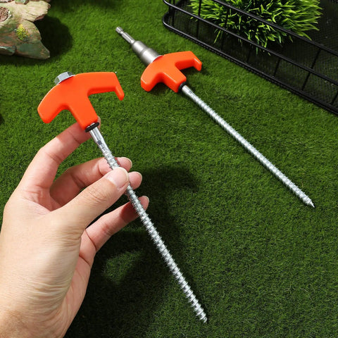 Rock Solid Heavy Duty Metal Tent Stakes Set With 7.87 Inch Screw In Pegs And Plastic Rotating Heads In Bright Orange