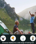 Father and child camping with Pack Of 2 16.4 Oz Propane Gas Canisters for camping stoves by a lake and mountains