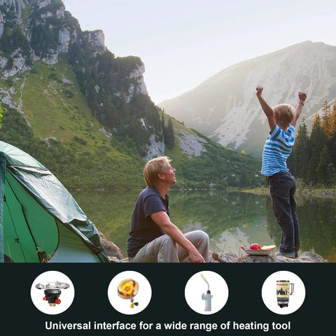 Father and child camping with Pack Of 2 16.4 Oz Propane Gas Canisters for camping stoves by a lake and mountains