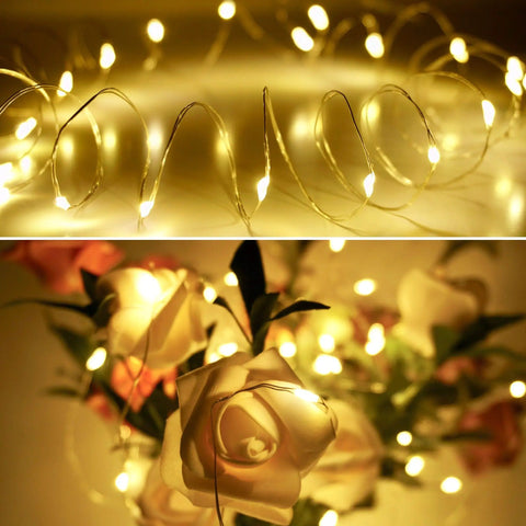 Pack Of 20 Fairy String Lights 6.6ft Battery Operated Silver Copper Wire With 20 LEDs Starry Warm White wrapped around flowers
