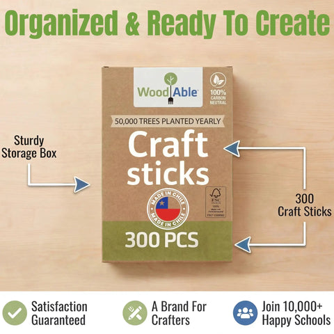 Top Shelf Bulk 300 Count Natural Wood Craft Sticks Measuring 4.5 Inches Long Featuring A Splinter Free Finish For Hassle Free Weekend Builds Ready To Go storage box with 300 pieces.