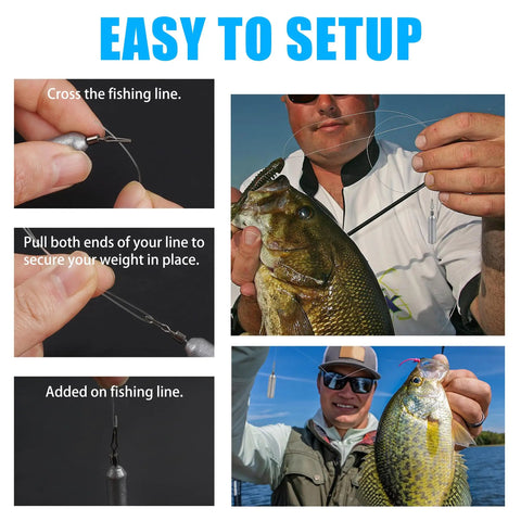 Instructions for using Drop Shot Lead Weights Kit With Barrel Swivels, featuring angler setting up snagless sinker on fishing line.