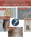 Image showing various concrete damage types: wall cracks, floor damage, and brick leakage, highlighting repair needs.