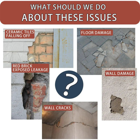 Image showing various concrete damage types: wall cracks, floor damage, and brick leakage, highlighting repair needs.