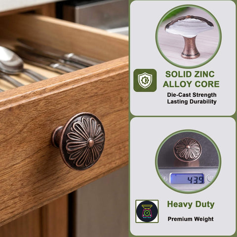 Antique Copper Kitchen Cabinet Knobs Set For 1.4 Inch Cabinets, Solid Zinc Alloy Round Knobs on wooden drawer