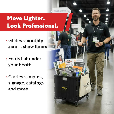 Man using Quik Cart 360 Rolling Crate With Wheels Collapsible Utility Cart for Teachers On the Go and Home Use in a convention hall