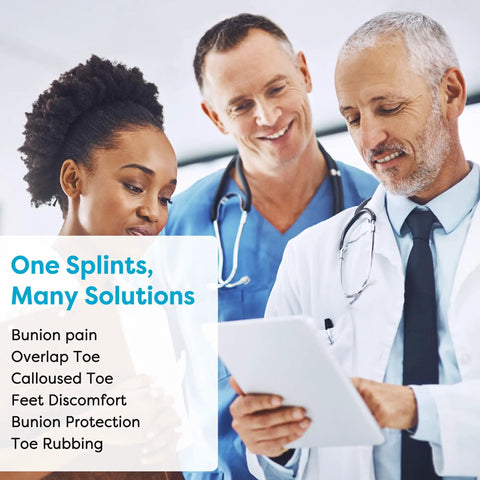 Doctors reviewing bunion corrector benefits for overlapping big toes and hallux valgus pain relief, ergonomic breathable toe splint.