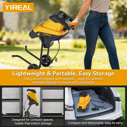 Person moving Upgraded Three-Blade Electric Wood Chipper Shredder with 15 Amp Motor, 10kg, compact design, ready for storage.