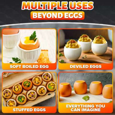 Egg Cracker Tool For Raw Eggs With Clean Cut No Mess Topper Keeps Yolks Intact And Fragments Low Durable Stainless Steel Egg Opener shown for soft boiled, deviled and stuffed eggs