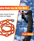 Kickass Adjustable Arborist Rigging Sling With Smooth Aluminum Block Ring Five Eighth Inch By 6 Point 7 Feet 10 Pocket Quick Setup Tree Lowering Gear Rated 13600 Lbs Break Strength For Hard Working Crews, shown with orange rope and worker in tree.