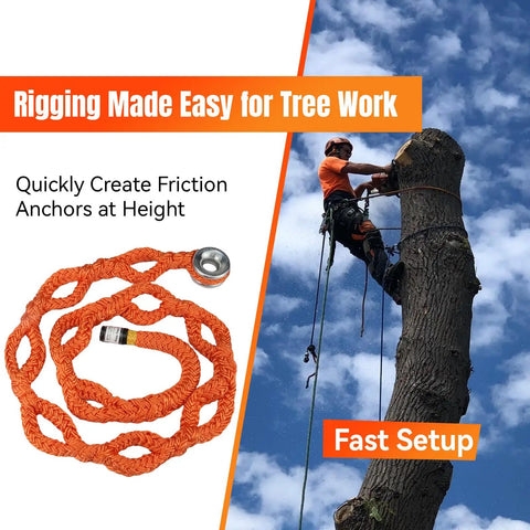 Kickass Adjustable Arborist Rigging Sling With Smooth Aluminum Block Ring Five Eighth Inch By 6 Point 7 Feet 10 Pocket Quick Setup Tree Lowering Gear Rated 13600 Lbs Break Strength For Hard Working Crews, shown with orange rope and worker in tree.