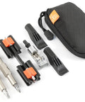 Mountain Bike Tool Kit With Replaceable Sticks And Bracket Two Tire Levers Eight Bits Chain Breaker And A Slim Black Carry Case visible.