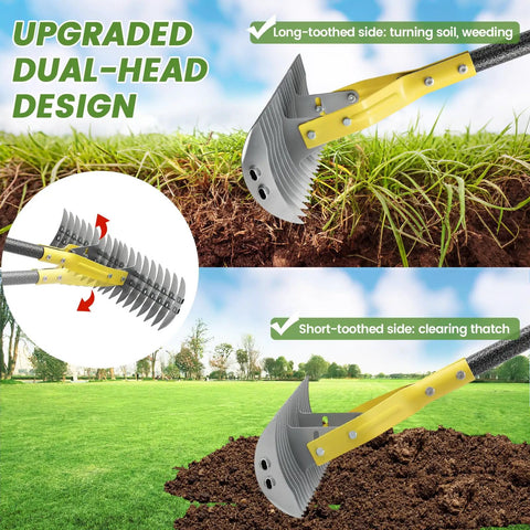 Dual Head 19 Tooth Thatch Rake 55 Inch Heavy Duty Dethatcher shown in use for loosening soil and gathering leaves with dual-head design