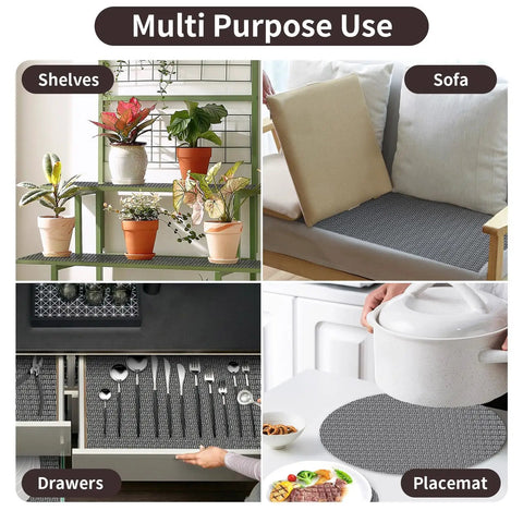 Multi-purpose non-slip pad used on shelves, sofa, drawers, and placemat showcasing versatility and impact of Super Strong 4x6 Rug Gripper Pad