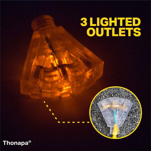 Close-up of 3 lighted outlets on 40 Ft Retractable Heavy Duty Extension Cord Reel With Three Outlets 12 Gauge Outdoor Power Cable