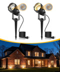 Plug In Outdoor Spotlight Kit 5W Two Pack, 3000K Warm White Landscape Lighting illuminating house, IP66 Waterproof Spotlights