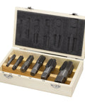 Six Piece NPT Pipe Tap Set In Wooden Case With High Speed Steel Taps DWT Series Sizes One Eighth To One Inch Durable Metalworking Kit