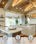 Modern kitchen with 6 Inch Gimbal LED Recessed Light With Junction Box Kit 13.5W IC Rated Air Tight No Fuss Downlight Dimmable 3000K CRI90 Canless Swivel Directional Fixture ETL Listed Pack Of 4 installed on high wooden ceiling