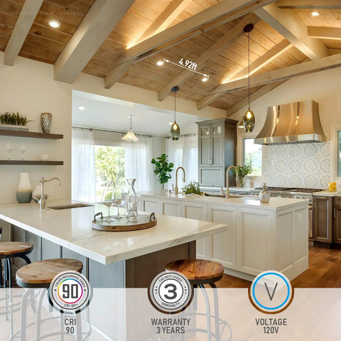 Modern kitchen with 6 Inch Gimbal LED Recessed Light With Junction Box Kit 13.5W IC Rated Air Tight No Fuss Downlight Dimmable 3000K CRI90 Canless Swivel Directional Fixture ETL Listed Pack Of 4 installed on high wooden ceiling