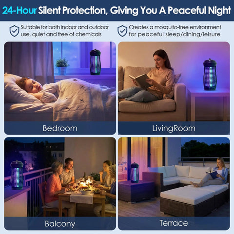 Image showing Dual Color Bug Zapper Light Bulbs 18W 2 Pack 4 Pin Base 2G11 Indoor Outdoor Mosquito Fly Insect Light providing lighting in bedroom, living room, balcony, and terrace settings with people using them for mosquito protection.