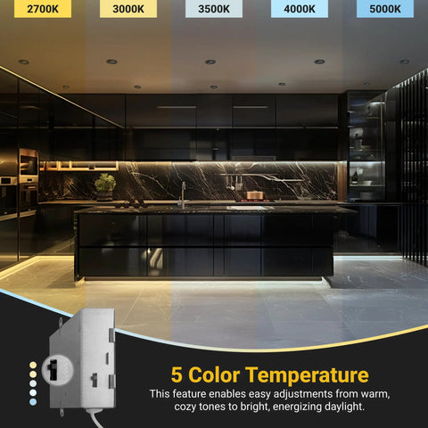 Kitchen with 3 Inch Canless LED Recessed Downlight Kit 4 Pack showcasing 5 color temperatures from 2700K to 5000K