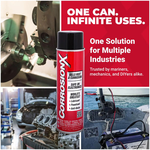 Heavy Duty Rust Inhibitor And Dielectric Lubricant Penetrant For Marine Auto Electronics And RV Gear Delivers Long Lasting Corrosion Shield in a 16 ounce aerosol can displayed with marine and auto equipment.