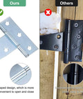Comparison of silver T-shaped hinge with black hinge on wooden fence, featuring Iron T Strap Shed Door Hinges 4 Pack 4 Inch Barn Door Gate Hinges.