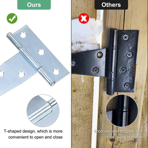 Comparison of silver T-shaped hinge with black hinge on wooden fence, featuring Iron T Strap Shed Door Hinges 4 Pack 4 Inch Barn Door Gate Hinges.