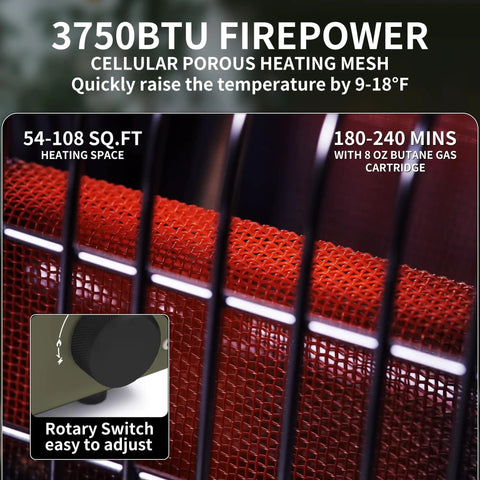 Close-up of Camp Ready Butane Portable Space Heater With Warming Shelf, showing 3750 BTU heating mesh and control dial.