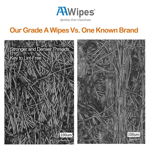 Comparison of our lint free cleanroom wipes 4x4 nonwoven polyester cellulose blend 600 pcs against a known brand showing thread density.