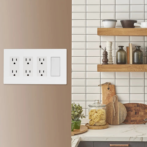 Screwless 4 Gang Decorator Wall Plate White Polycarbonate Outlet Cover Unbreakable Impact Resistant Durable Flush Mount 8.3x4.67" in kitchen