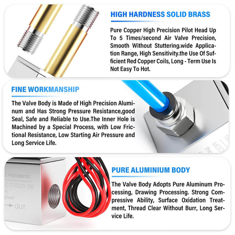 12V DC One Quarter Inch NPT Solenoid Air Valve, 2 Way Normally Closed, 2V025-08 Outlet Wire, brass and aluminum details