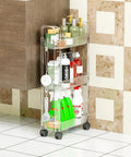 Slim Rolling Storage Cart With Wheels For Small Spaces, Clear Modern Design, Narrow Bathroom And Laundry Organizer, Three Tier Skinny Utility Cart For Dorms, Kitchens, Bathrooms, And More with toiletries in bathroom.