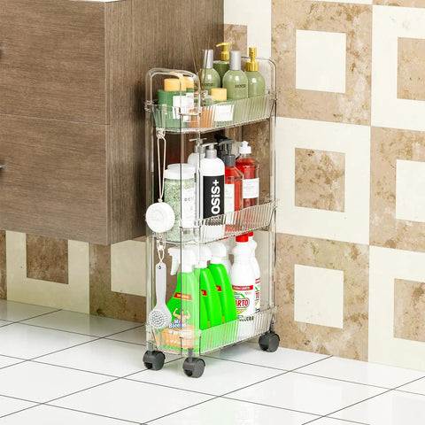 Slim Rolling Storage Cart With Wheels For Small Spaces, Clear Modern Design, Narrow Bathroom And Laundry Organizer, Three Tier Skinny Utility Cart For Dorms, Kitchens, Bathrooms, And More with toiletries in bathroom.