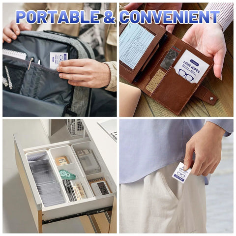 Icepac Lens Wipes for Eyeglasses; 500 pre-moistened, individually wrapped; shown in bag, wallet, drawer, and pocket.