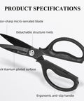 Heavy Duty Kitchen Scissors With Titanium Coated Blades Micro Serrated And Detachable Blades All Purpose Kitchen Shears For Food Prep Cuts Through Chicken Bones And Thick Veggies Like A Boss Built For Easy Power And Precision. 8-inch black titanium kitchen scissors with detachable blades and anti-slip handle