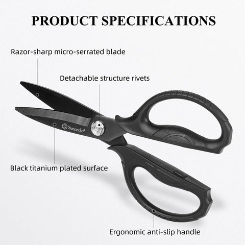 Heavy Duty Kitchen Scissors With Titanium Coated Blades Micro Serrated And Detachable Blades All Purpose Kitchen Shears For Food Prep Cuts Through Chicken Bones And Thick Veggies Like A Boss Built For Easy Power And Precision. 8-inch black titanium kitchen scissors with detachable blades and anti-slip handle