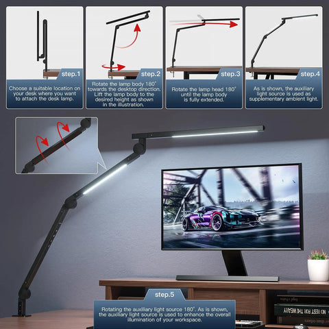 Clamp On Desk Lamp With Eye Care, Swing Arm And Stepless Dimming, Adjustable Color Temperature 3000K To 5500K over desk