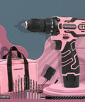 Dope Pink Cordless Drill Set For Gals Featuring Hella Lightweight Design And Butter Smooth Dual Speed Trigger With Easy Grab Handle For Nifty Home Diy Repair Jobs And Quick Fix Ups, with accessories and drill bits.