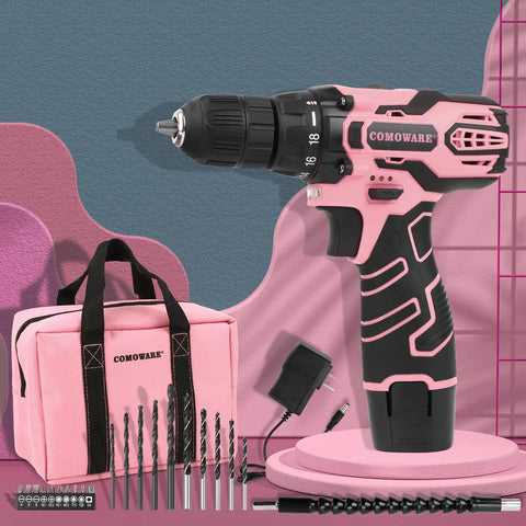 Dope Pink Cordless Drill Set For Gals Featuring Hella Lightweight Design And Butter Smooth Dual Speed Trigger With Easy Grab Handle For Nifty Home Diy Repair Jobs And Quick Fix Ups, with accessories and drill bits.